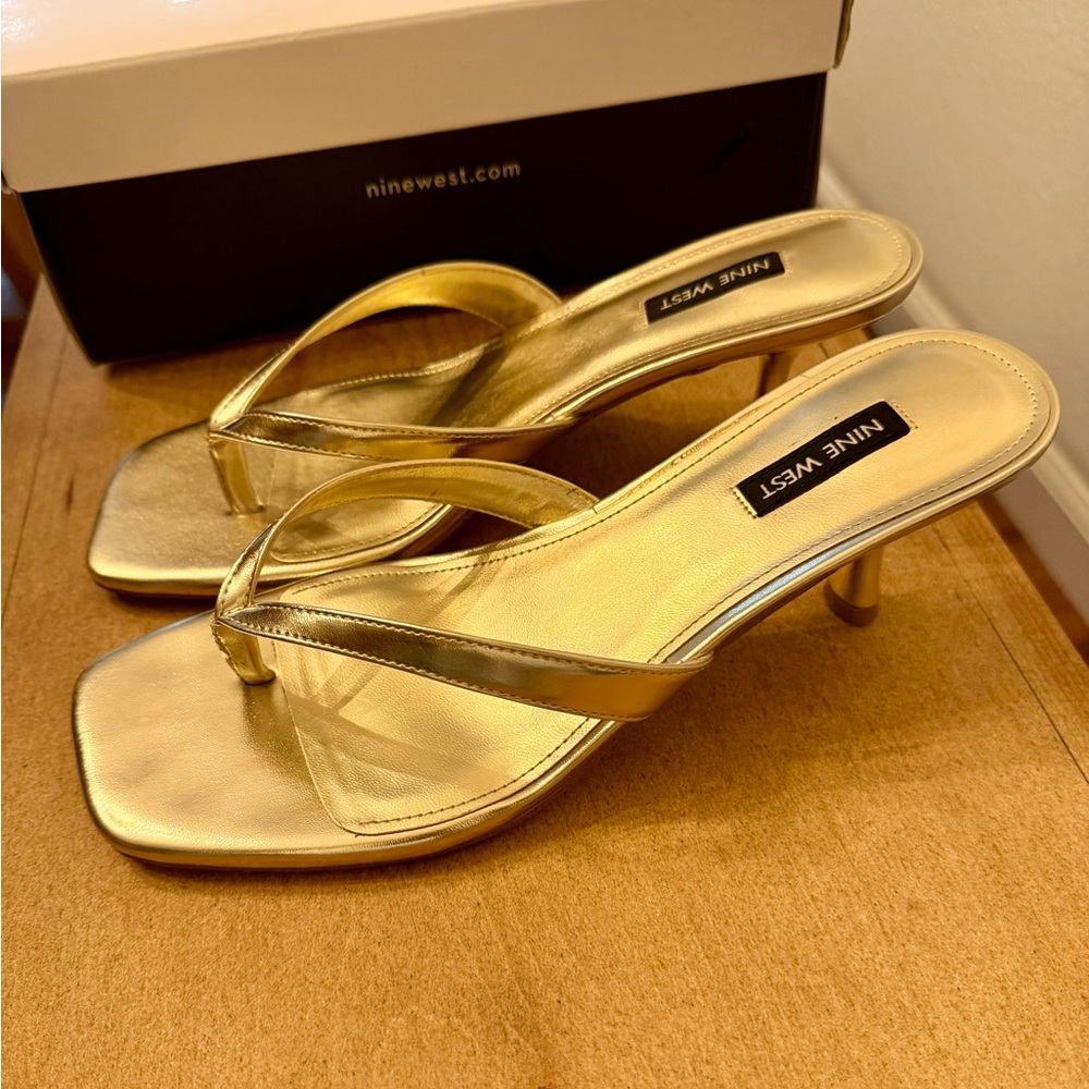 Nine West Metallic Gold Square-Toe Slide Sandals